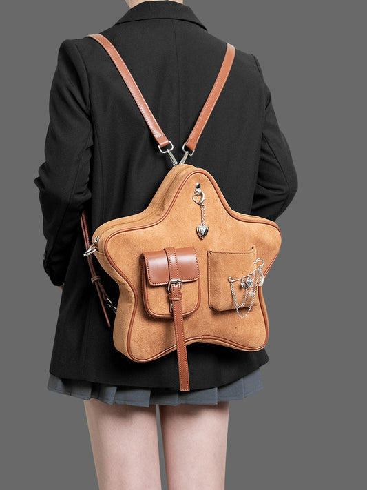 HIATUS Original Vintage Brown Pentagram Pendant Brooch Decorated Multi-Pocket Backpack Crossbody Bag Casual Backpack