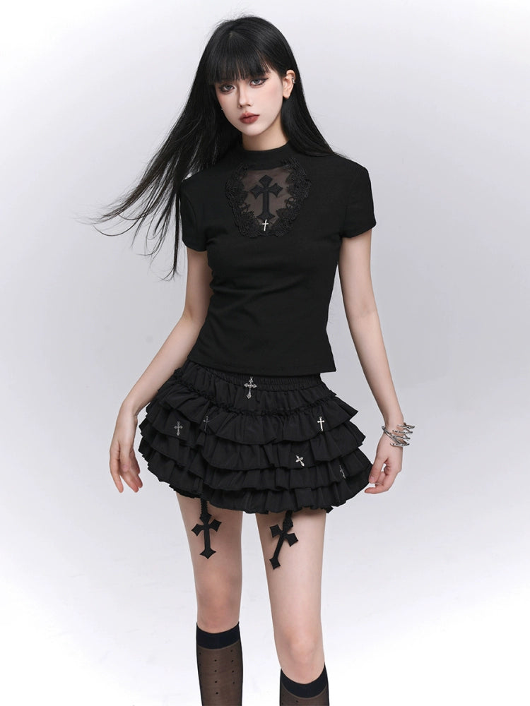 Black Pleated Cross Mini Skirt