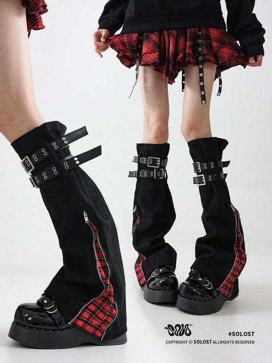 Solost subculture denim plaid leg sleeve female micro flare thin babes dance wear long strappy sock sets