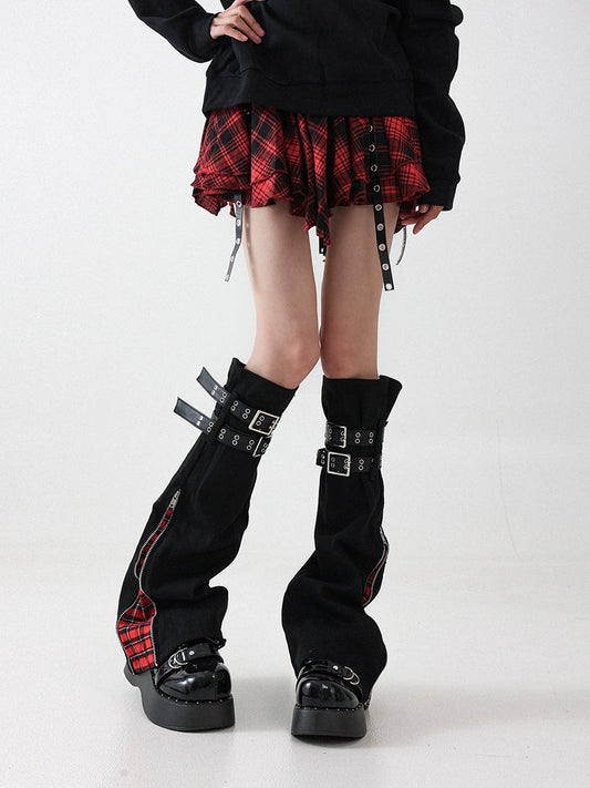 Solost subculture denim plaid leg sleeve female micro flare thin babes dance wear long strappy sock sets
