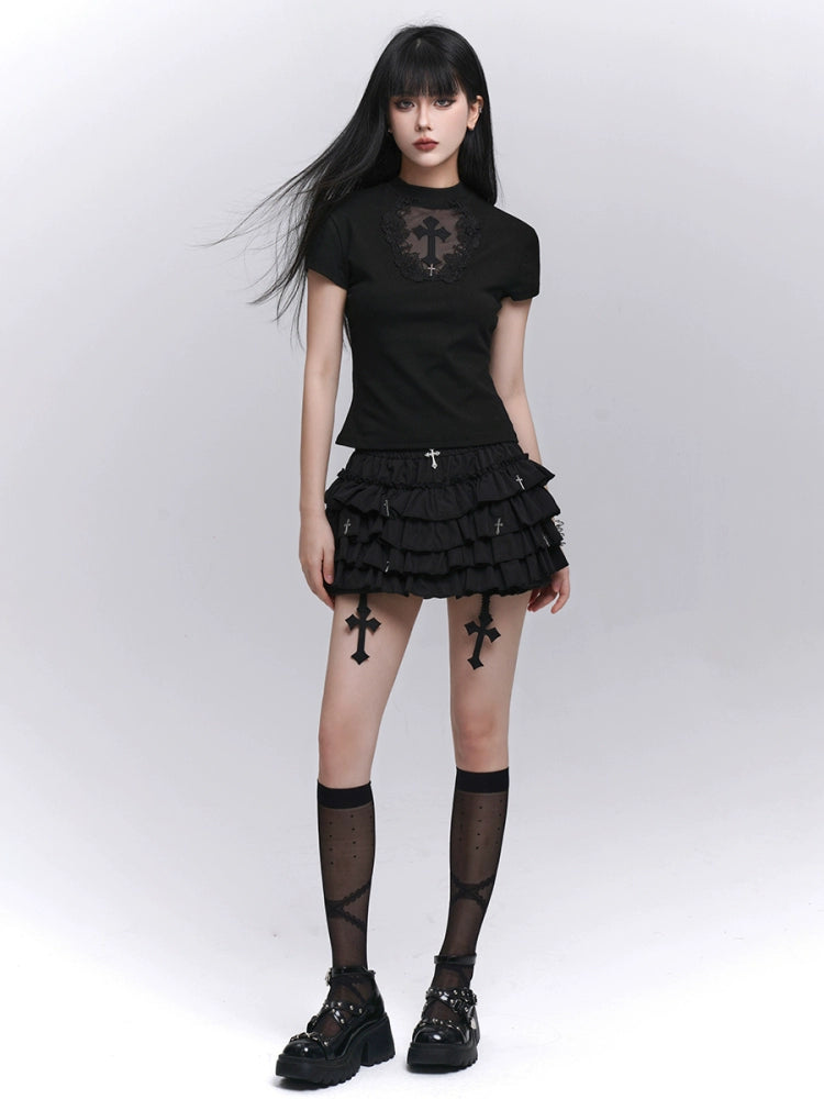 Black Pleated Cross Mini Skirt
