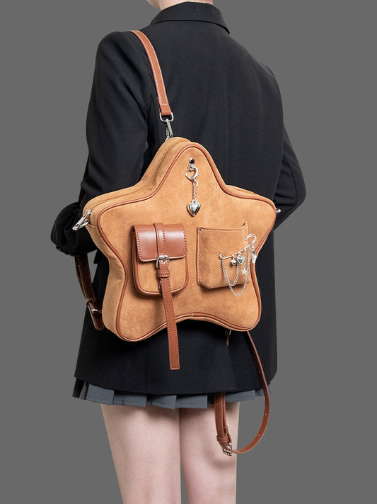 HIATUS Original Vintage Brown Pentagram Pendant Brooch Decorated Multi-Pocket Backpack Crossbody Bag Casual Backpack