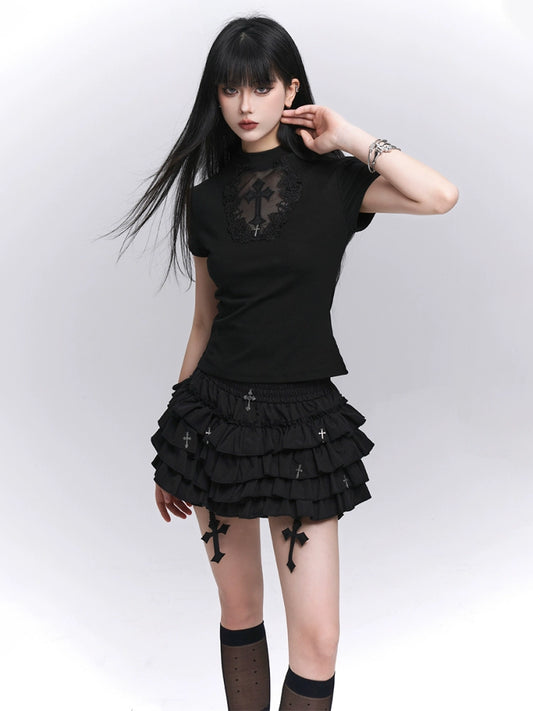 Black Pleated Cross Mini Skirt