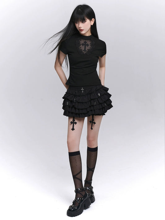 Black Pleated Cross Mini Skirt